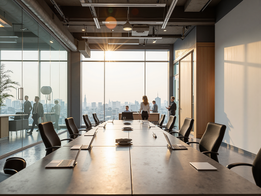 现代化办公环境,宽敞明亮的会议室,员工正在讨论项目方案,简洁现代的办公室装修风格